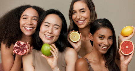 Women, portrait and beauty, diversity and fruit with dermatology and friends on studio background....