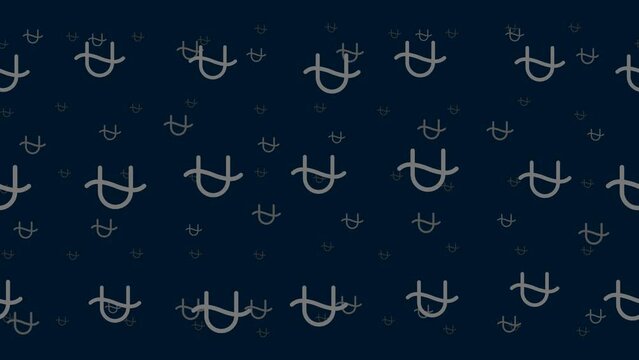 Zodiac ophiuchus symbols float horizontally from left to right. Parallax fly effect. Floating symbols are located randomly. Seamless looped 4k animation on dark blue background