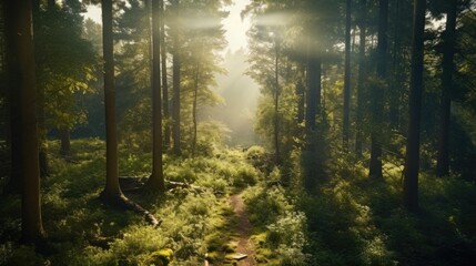 Obraz premium Capture of the serene aerial view from a forest trail with sunlight filtering through tall trees. generative ai