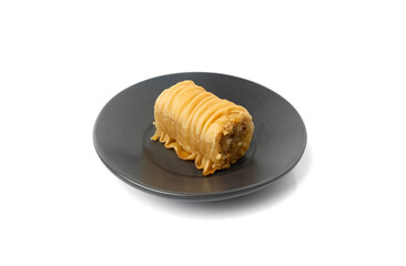 Rolled Baklava Isolated, Ramadan Dessert Roll on Restaurant Plate, Eastern Sweet Pastries