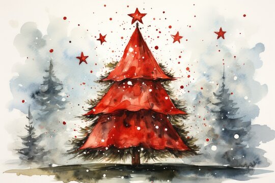 Watercolor red Christmas tree in the forest. New Year card, banner