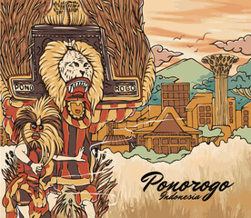 Reog Ponorogo dance, East Java, Indonesia. Ponorogo City Background.