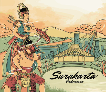 Culture of Central Java Indonesia. Bambangan Cakil dance with the background of Surakarta City