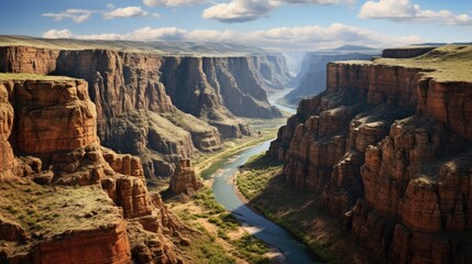 highly detailed, lifelike aerial perspective from a majestic canyon's edge with rugged rock formations and a winding river below generative ai