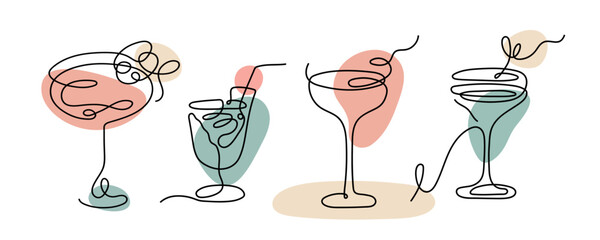 Cocktails set with one continuous line art style. Vector linear abstract illustration. Party, pub, restoraunt, club element for prints