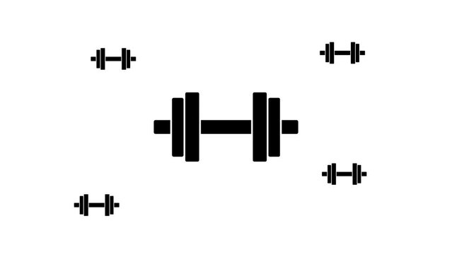 Zoom in and out animation the dumbbell symbol. Large black symbol in the center and four small symbols around. Seamless looped 4k animation on white background
