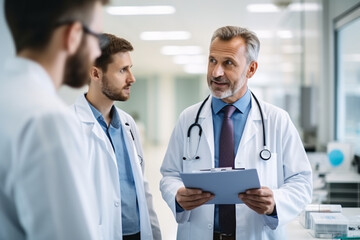 Fototapeta premium Doctors and drug salesman talking in hospital