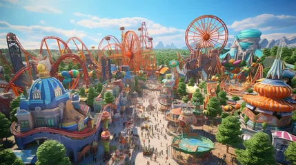 Gordijnen highly detailed, lifelike aerial perspective of a bustling amusement park with roller coasters and carnival rides generative ai © ThisDesign