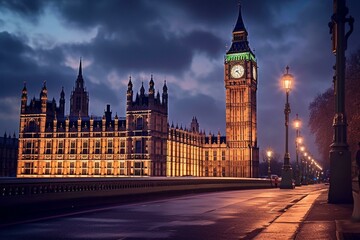 Fototapeta na wymiar Night view of iconic London landmark with a clock tower and government buildings. Generative AI