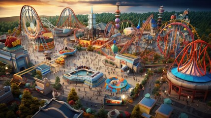 highly detailed, lifelike aerial perspective of a bustling amusement park with roller coasters and carnival rides generative ai - obrazy, fototapety, plakaty