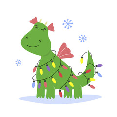 Cute funny dragon decorated with garlands and lanterns. Cartoon fairy
fantasy animal. Vector graphics.