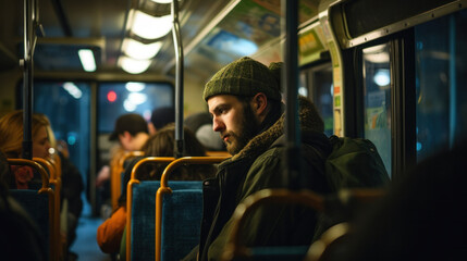 Inside a metrobus at night, people using public transportation