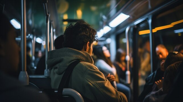 Inside a metrobus at night, people using public transportation