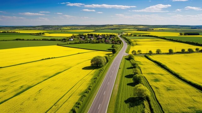 lifelike aerial perspective from a charming countryside road with vibrant fields and a clear horizon generative ai © ThisDesign