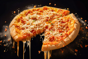 A delicious looking Pizza Margherita bounces. Stringy cheese. Artistic, sizzling, juicy cheese pizza ad image with cheese splattered and bursting. - obrazy, fototapety, plakaty