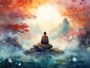 Foto op Canvas Meditating Buddha Watercolor Artwork Print, Generative AI © Vig