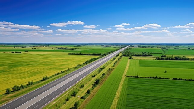 lifelike aerial perspective from a charming countryside road with vibrant fields and a clear horizon generative ai © ThisDesign