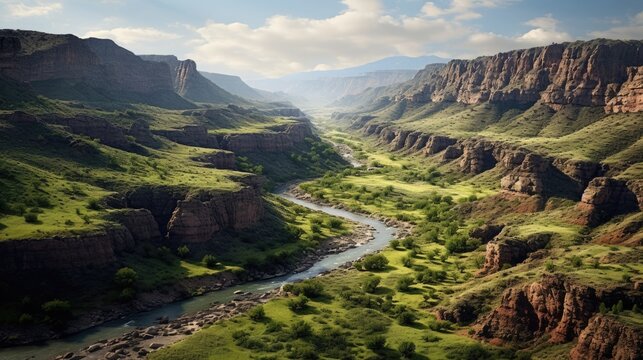 highly detailed, lifelike aerial perspective from a majestic canyon's edge with rugged rock formations and a winding river below generative ai
