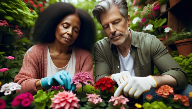Photo of a middle-aged Caucasian man and African-American woman engrossed in gardening.
