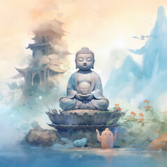 Meditating Buddha Watercolor Artwork Print, Generative AI