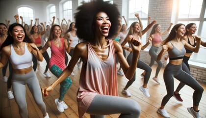 Photo capturing a community of women from various backgrounds in a bright gym setting, passionately participating in a Zumba class. - obrazy, fototapety, plakaty