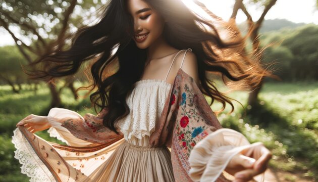 Close-up photo of an Asian woman immersed in nature, donning a flowing bohemian outfit.