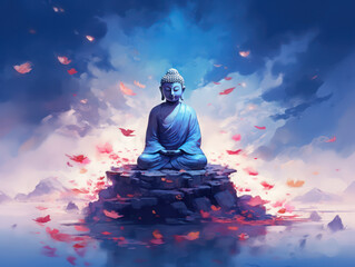 Meditating Buddha Watercolor Artwork Print, Generative AI - obrazy, fototapety, plakaty