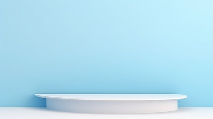 Fototapeta premium An empty, superflat light blue background designed for product presentation, featuring a touch of shadow on the wall, creating an understated and attractive setting.