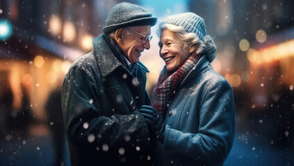 Old couple having a romantic Christmas time in old square, distinct facial features, youthful energy, dark teal and dark magenta, joyful and optimistic