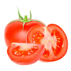 Whole fresh tomato. Two pieces of tomato, cut in half and quartered. Composition of tomatoes ready. isolated
