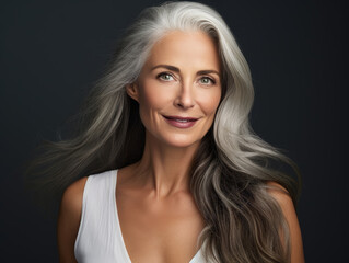Portrait of an elegant mature woman with radiant skin, long gray hair, and a joyful smile. Cosmetics and beauty advertising.