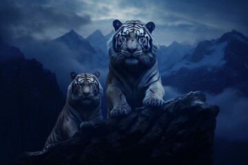 Tigers on mountain, blue cinematic feel. Generative AI - obrazy, fototapety, plakaty