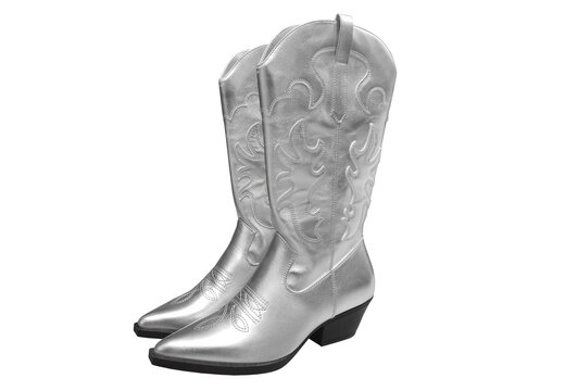 Shiny silver cowboy boots. Stylish shoes. Concert shoes.