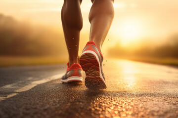 Close up on shoe, Runner athlete feet running on road under sunlight in the morning