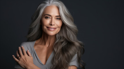Naklejka premium Portrait of an elegant mature woman with radiant skin, long gray hair, and a joyful smile. Cosmetics and beauty advertising.