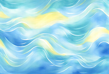 Obraz premium Ocean water wave, ripples watercolor illustration, Blue, navy, teal happy cartoon wave for pool party or ocean beach cruise travel. Wavy web mobile banner, backdrop, copy space background.