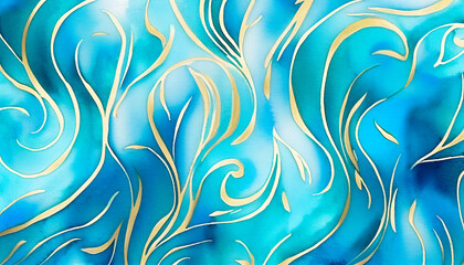 Geometric abstract winter frost watercolor painting.  Blue, yellow colors filigree shapes. Golden magical pattern art illustration background. Fairytale story cool tones banner copy space backdrop