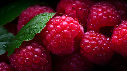 Fresh Raspberries background, adorned with glistening droplets of water. Top down view.