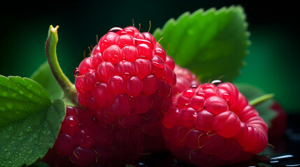 Fresh Raspberries background, adorned with glistening droplets of water. Top down view.