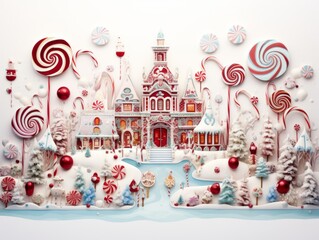 Christmas village in snow, candy and gingerbread houses.