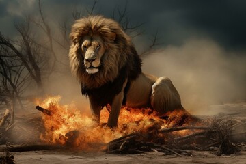 Consequences of disregarding warming reflected as a malevolent blazing lion. Generative AI - obrazy, fototapety, plakaty