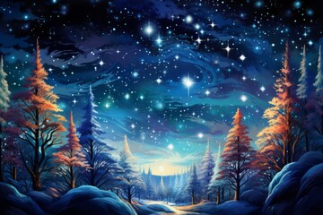 Starry night over a forest. Fantasy landscape.