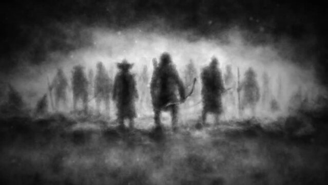 Dark figures of hunters in fog 2D animation. Horror fantasy genre. Mystic people stand with bows and spears. Gloomy ghosts in haze. Spooky shadows of past. Gothic cruel characters. Creepy video clip. 