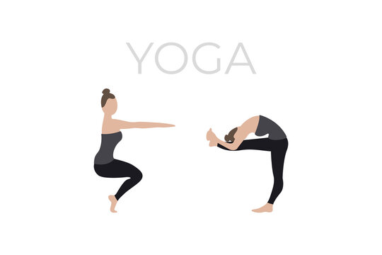 A young woman poses in a yoga pose. A version of the characters of yoga poses.