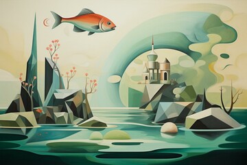 Abstract art depicting fish and island. Generative AI
