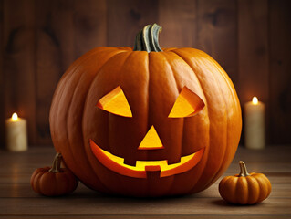 A close-up photo of a spooky Jack-o-lantern carved with intricate details and a glowing light.