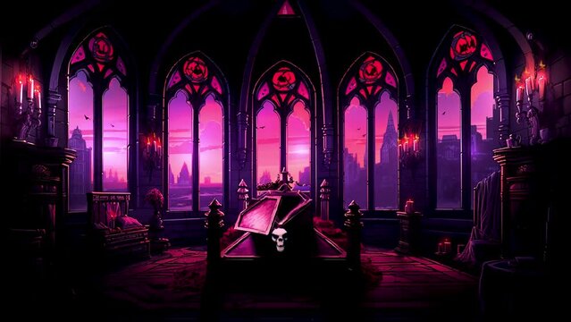 Dive into the haunting world of Halloween with this anime art-style animation, showcasing Dracula's domain replete with vampire bats, a foreboding coffin, and eerie Gothic ambiance. Perfect as a lofi 