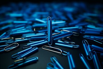 A blue paperclip surrounded by dark paperclips on a background. Office concept. Generative AI - obrazy, fototapety, plakaty