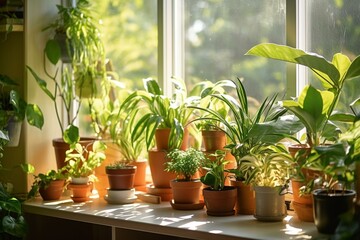 Indoor plants in sunlit room for home decor and air purification. COVID-19 activity concept. Generative AI