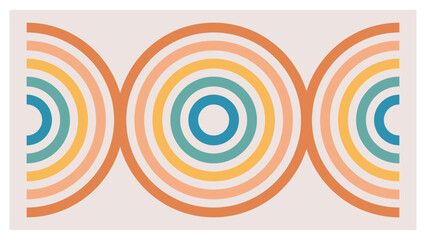 Retro circles and rainbows illustration. Teal and orange groovy geometric shapes. Vector poster.